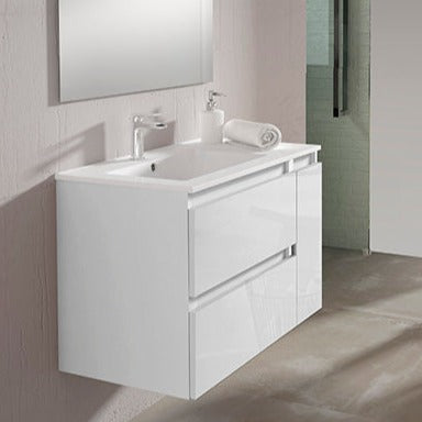 VISOBATH BOX Mueble de Baño con Lavabo Izquierda 2 Cajones 1 Puerta Suspendido Blanco Nieve Brillo