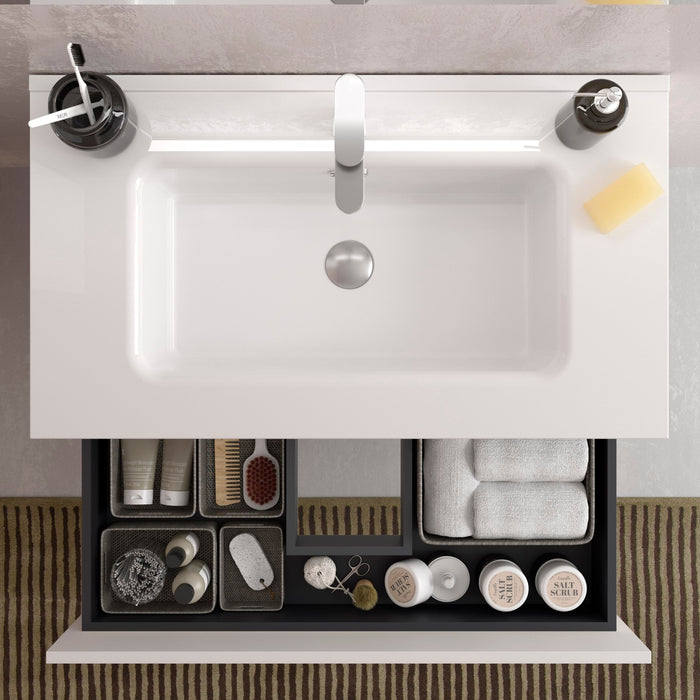 SALGAR BEQUIA Mueble de Baño con Lavabo 2 Cajones 2 Huecos Blanco Roble África Izquierda