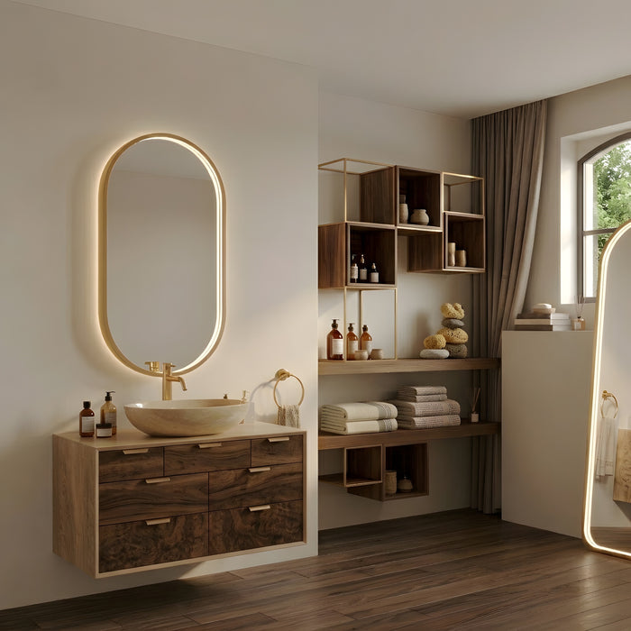 BATHSTAGE B-VENUS Espejo Led 50x90 C/Sensor Touch Doble Triled y Antivaho Marco Oro Viejo Cepillado