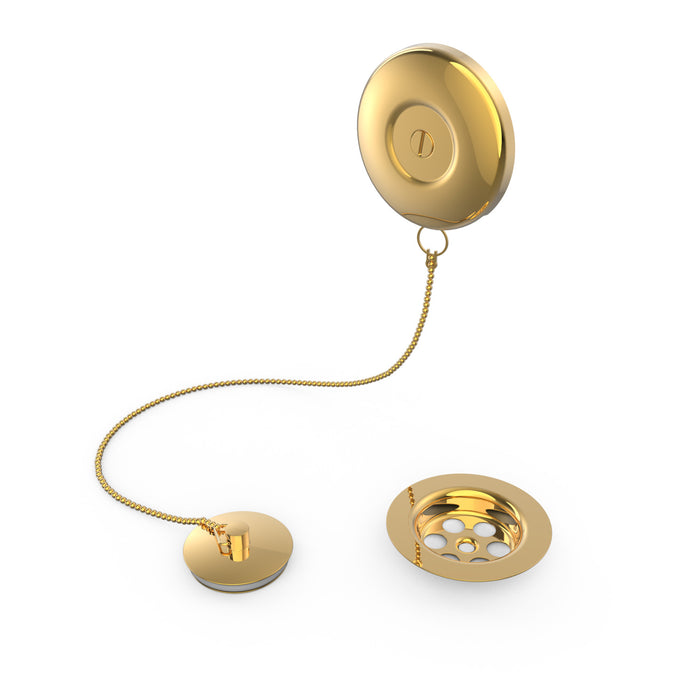 TRES 03474501OR COMPLEMENTOS DE GRIFERÍA Cazoleta Plana De Desagüe con Kit De Enganche De Cadenilla y Tapón para Bañera Oro 24K