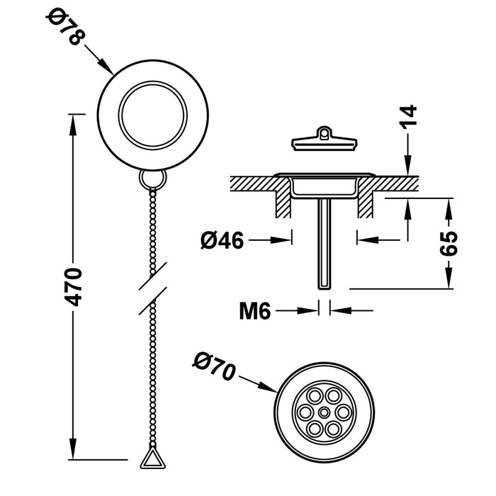 TRES 03474501OM COMPLEMENTOS GRIFERÍA Cazoleta Plana Desagüe con Kit Enganche Cadenilla y Tapón para Bañera Oro Mate 24K
