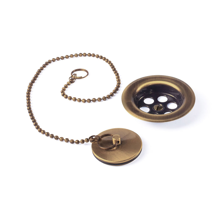 TRES 03474601LM COMPLEMENTOS GRIFERÍA Cazoleta Plana de Desagüe con Cadenilla y Tapón Latón Viejo Mate
