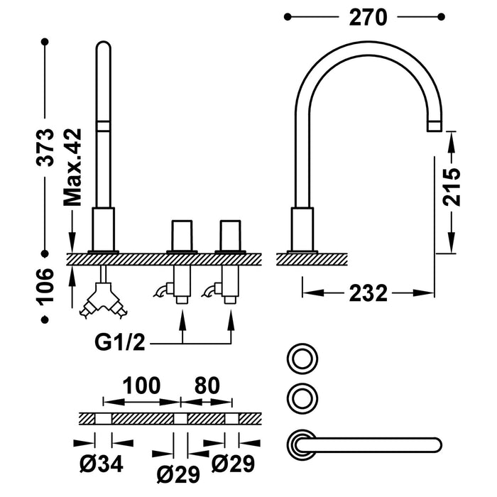 TRES 06110501KM STUDY Grifo Bimando De Repisa para Lavabo Color Negro Metalizado