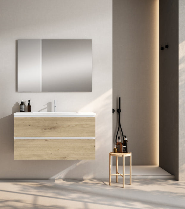 VISOBATH GRANADA Conjunto Completo Mueble de Baño Suspendido 2 Cajones Color Roble Costa Tirador Blanco