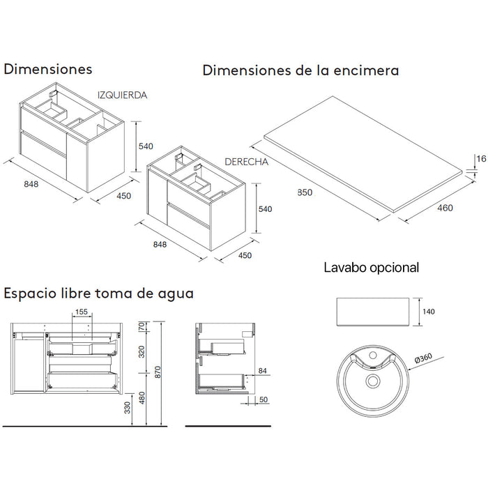 SALGAR NOJA 910 Mueble de Baño con Tapa Encimera 2 Cajones 1 Puerta Derecha Color Blanco Brillo