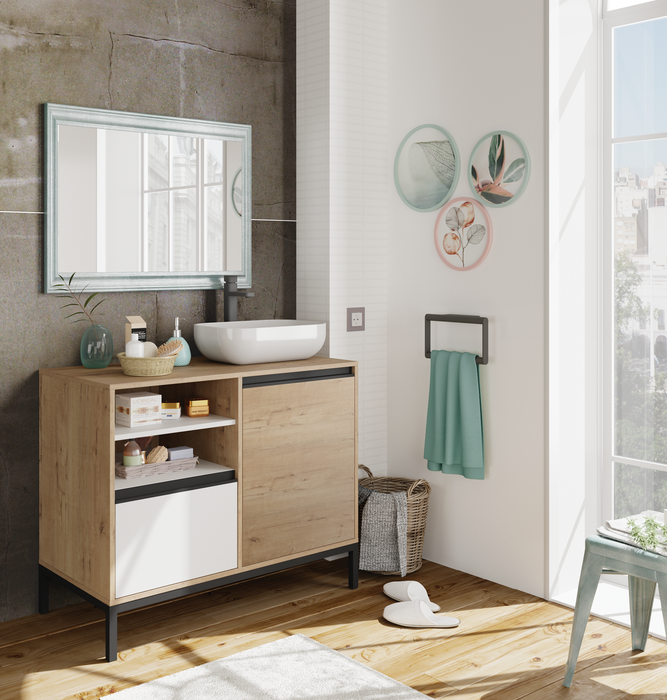 MUEBLES PITARCH Mueble de Lavabo Támesis Roble Gold/Blanco/tiradores y patas negras