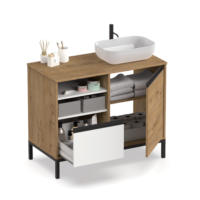MUEBLES PITARCH Mueble de Lavabo Támesis Roble Gold/Blanco/tiradores y patas negras