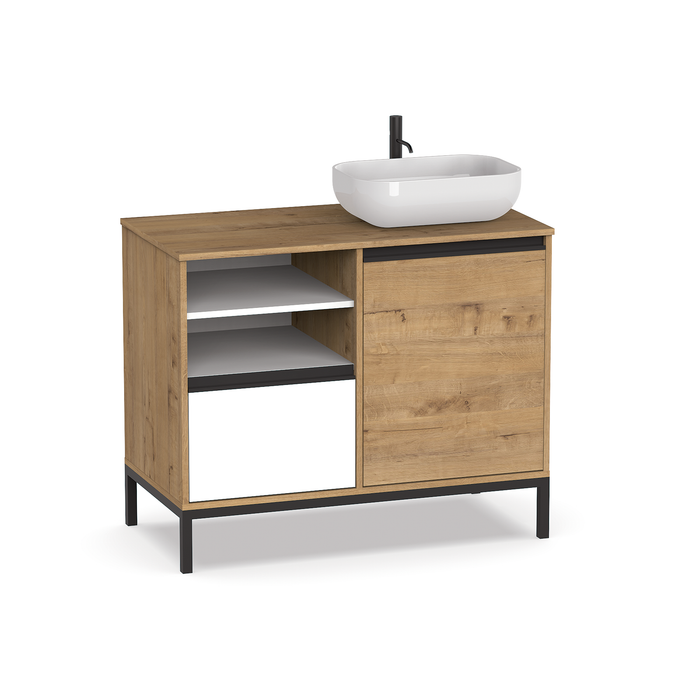 MUEBLES PITARCH Mueble de Lavabo Támesis Roble Gold/Blanco/tiradores y patas negras