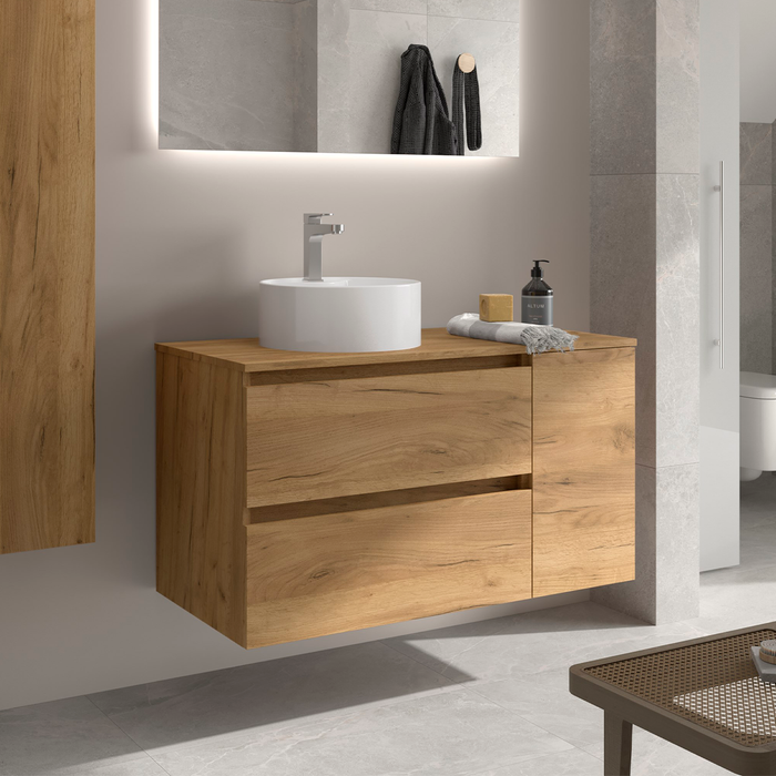 SALGAR BEQUIA Mueble de Baño con Lavabo de Posar y Encimera 2 Cajones 1 Puerta Reversible Roble África