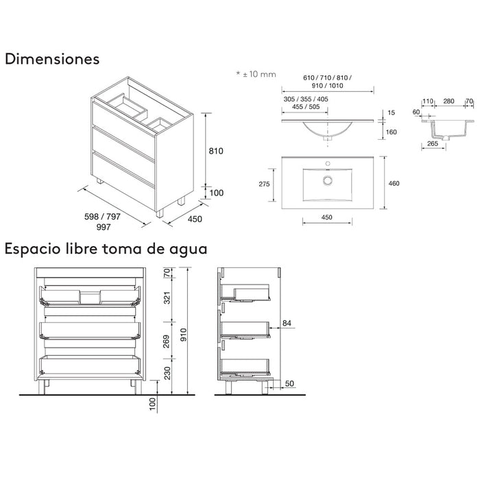 SALGAR NOJA Conjunto Mueble de Baño Completo 3 Cajones Color Nogal Maya