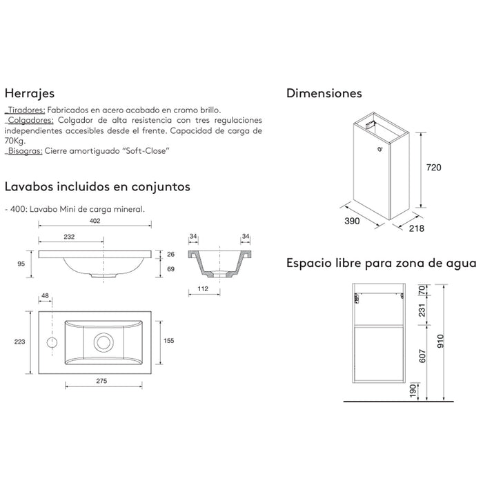 SALGAR 104999 MARVILLE Mueble de Baño Mini con Lavabo 1 Puerta Color Azul Mate