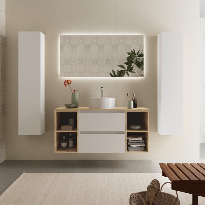 SALGAR 102235 BEQUIA Mueble de Baño con Lavabo de Posar y Encimera 120 2 Cajones y 4 Huecos Blanco Roble África