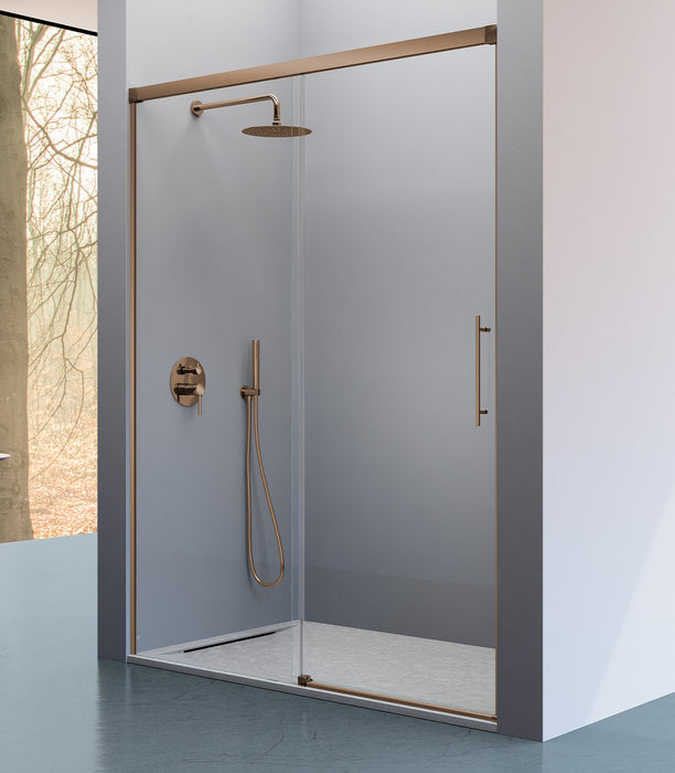 KASSANDRA URBAN Mampara Frente de Ducha Fijos + Puerta Corredera Bronce Cepillado Transparente