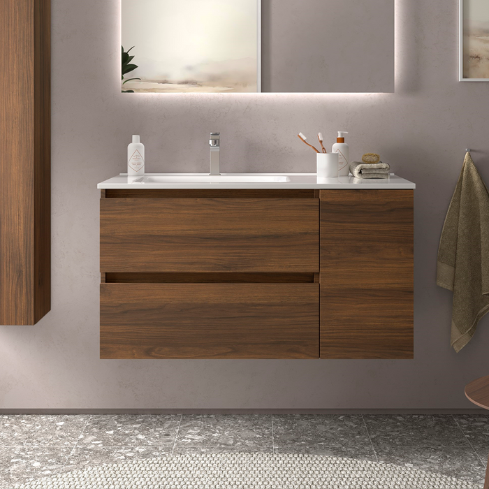 SALGAR BEQUIA Mueble de Baño con Lavabo 2 Cajones 1 Puerta Derecha Nogal Maya