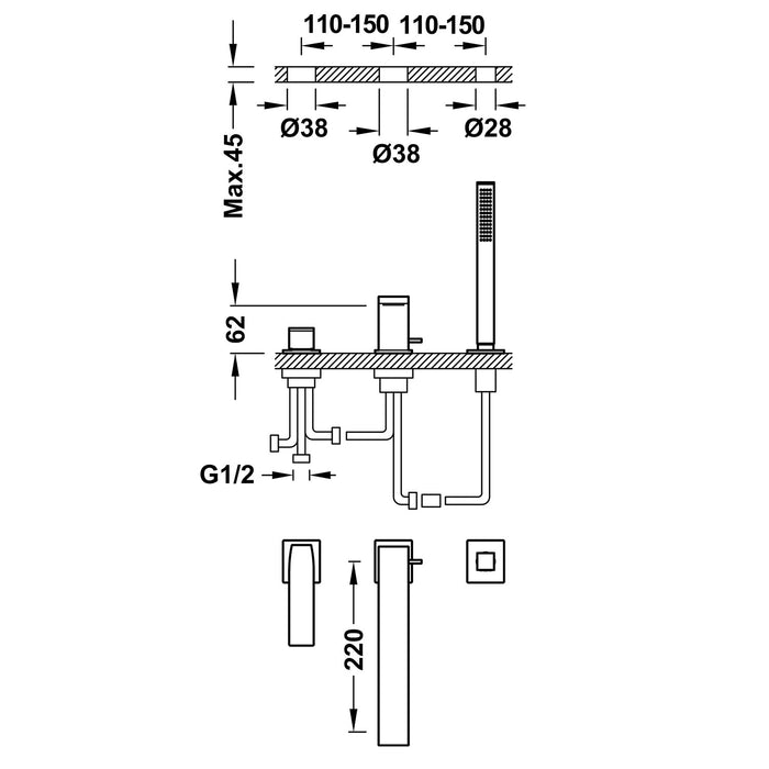 TRES 20216101BM SLIM Grifo Monomando para Borde De Bañera Color Blanco Mate