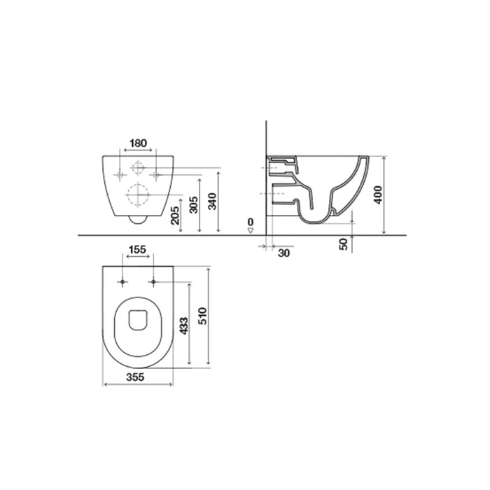 OLI 888231+888360 LAKE Inodoro Suspendido Rimless con Asiento Fijaciones Ocultas Blanco