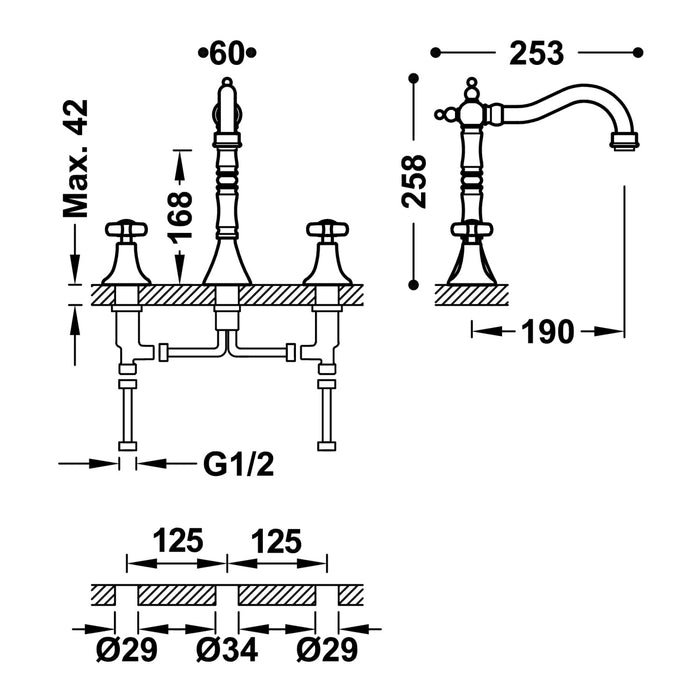 TRES 24210501AC TRES CLASIC Grifo Bimando De Repisa para Lavabo Color Acero