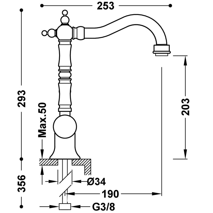 TRES 24210801AC TRES CLASIC Grifo Monomando con Maneta Lateral para Lavabo Color Acero
