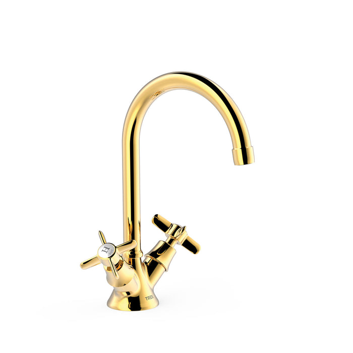 TRES 24210901OR TRES CLASIC Grifo Bimando para Lavabo Color Oro 24K