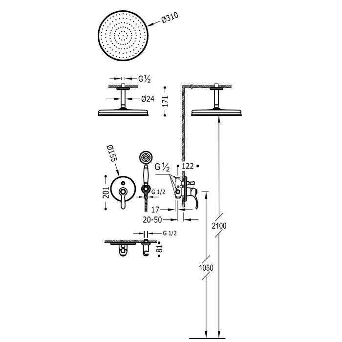 TRES 24218004AC TRES CLASIC Kit De Grifo Monomando Empotrado De 2 Vías para Ducha Color Acero