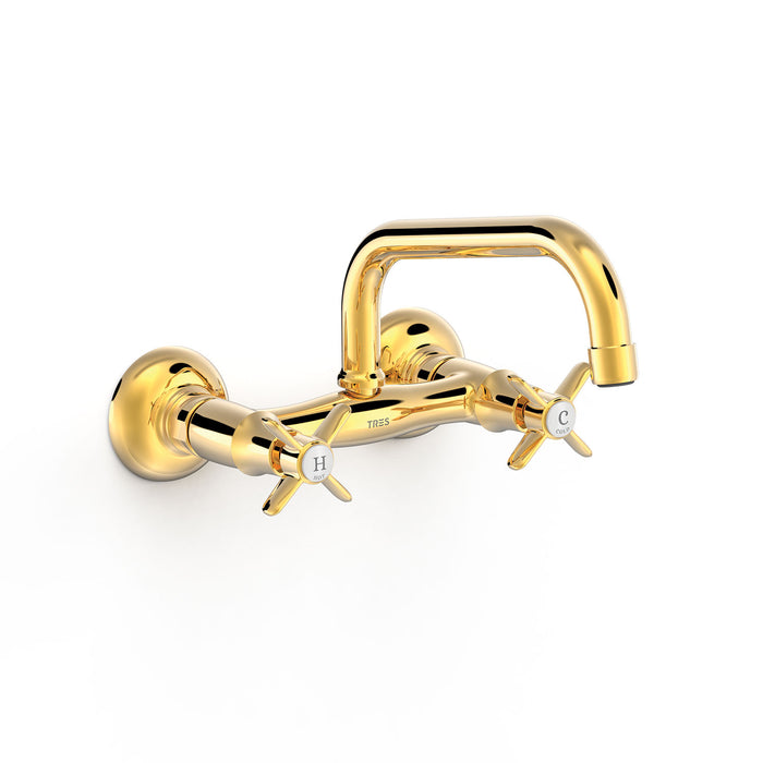 TRES 24221501OR COCINA Grifo Bimando Mural Fregadero Color Oro 24K