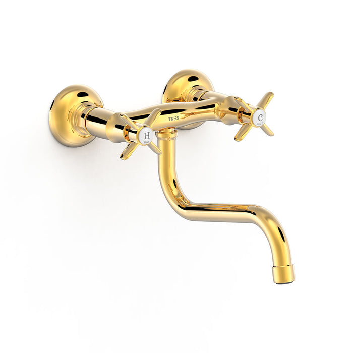 TRES 24231001OR COCINA Grifo Bimando Mural Fregadero Color Oro 24K