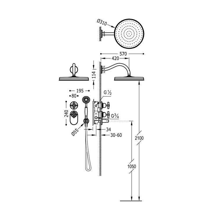 TRES 24235202OR TRES CLASIC Kit De Grifo Termostático Empotrado De 2 Vías Block System para Ducha Color Oro 24K