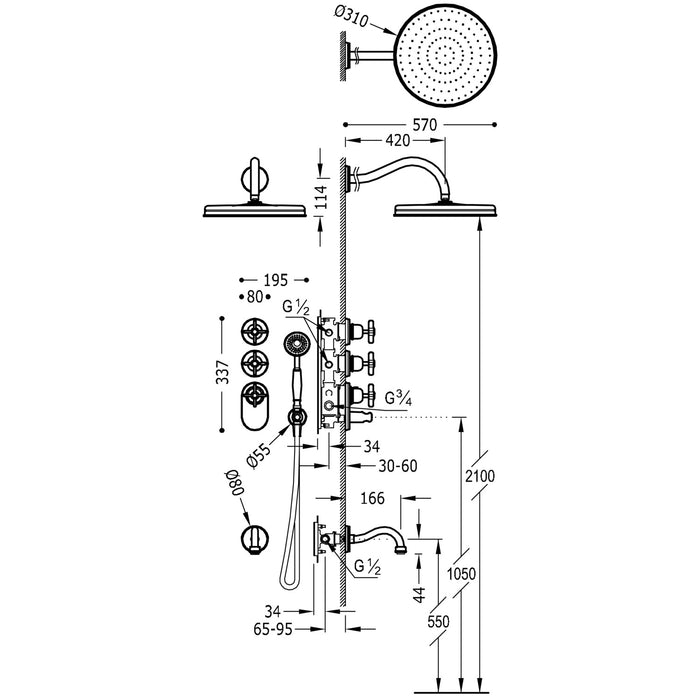 TRES 24235301LM TRES CLASIC Kit De Grifo Termostático Empotrado De 3 Vías Block System para Bañera y Ducha Latón Viejo Mate