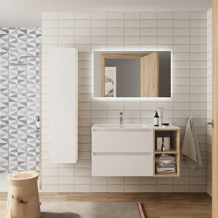 SALGAR BEQUIA Mueble de Baño con Lavabo 2 Cajones 2 Huecos Blanco Roble África Derecha
