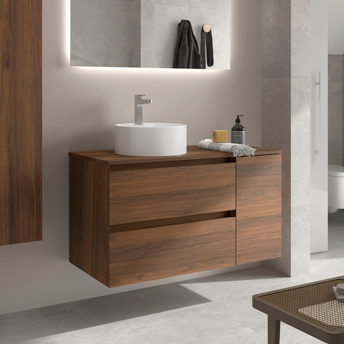 SALGAR BEQUIA Mueble de Baño con Lavabo de Posar y Encimera 2 Cajones 1 Puerta Reversible Nogal Maya