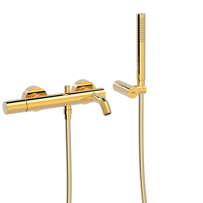 TRES 26117001OR STUDY Grifo Monomando Mural para Bañera y Ducha Color Oro 24K