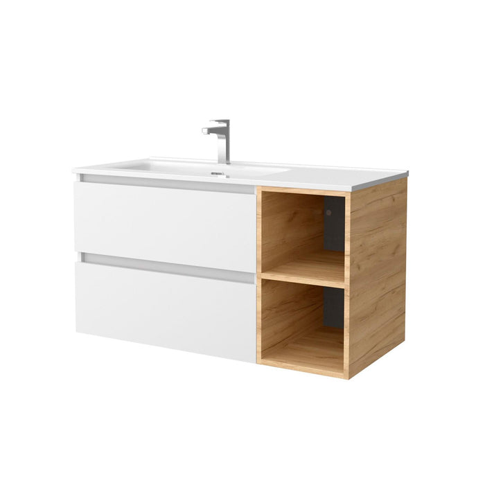 SALGAR BEQUIA Mueble de Baño con Lavabo 2 Cajones 2 Huecos Blanco Roble África Derecha