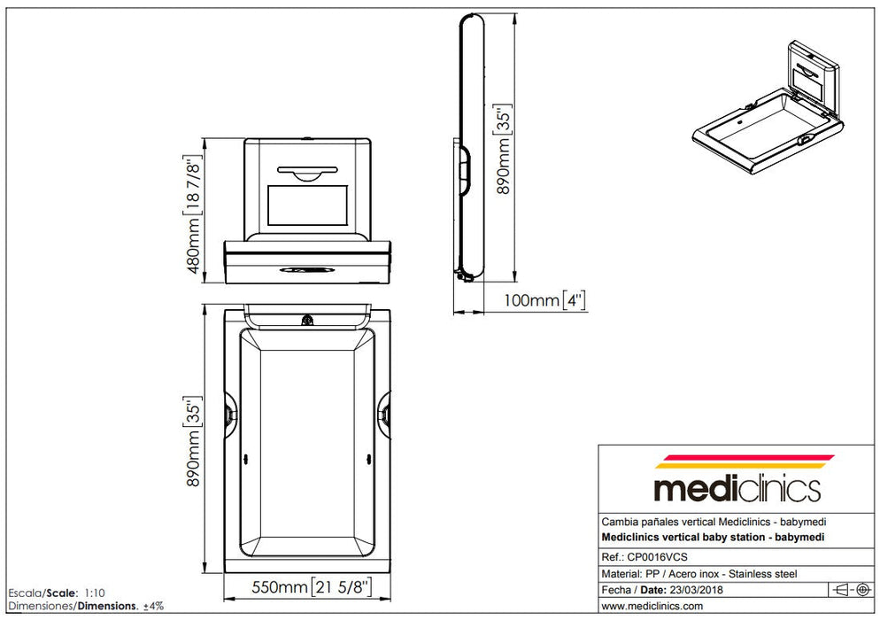 MEDICLINICS CP0016VCSB-I BABYMEDI Cambia Pañales Inox Negro Vertical con Ionizador