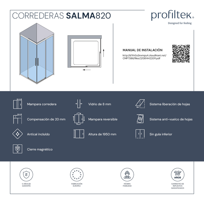 PROFILTEK SA-820 SALMA PLUS Mampara Corredera Angular 2F+2C Plata Alto Brillo Transparente 8MM