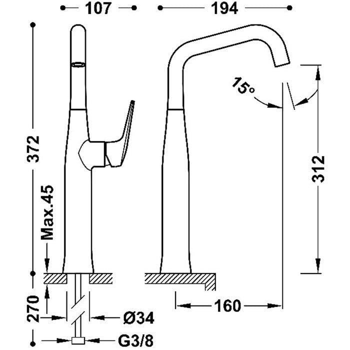 TRES 28184701 FUJI Grifo Monomando Caño XXL con Maneta Lateral Lavabo Color Cromo