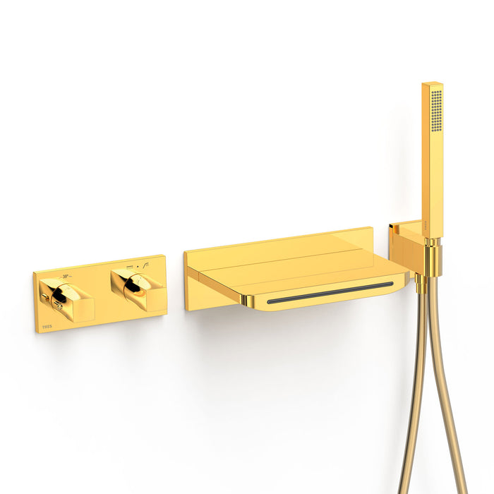 TRES 30725207OR B-SYSTEM Kit de Grifo Termostático Empotrado de 2 Vías Bañera y Ducha Color Oro 24K