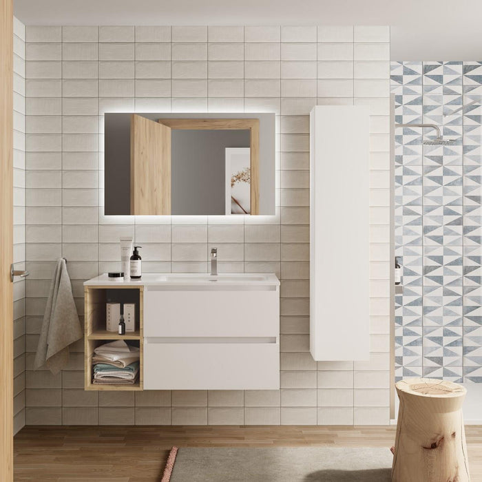 SALGAR BEQUIA Mueble de Baño con Lavabo 2 Cajones 2 Huecos Blanco Roble África Izquierda
