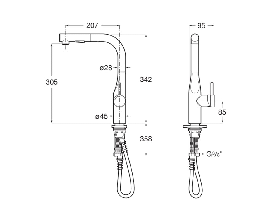 ROCA A5A854DC00 GLERA Grifo Monomando Cocina Caño Giratorio y Ducha Extraíble Dos Funciones Cromo