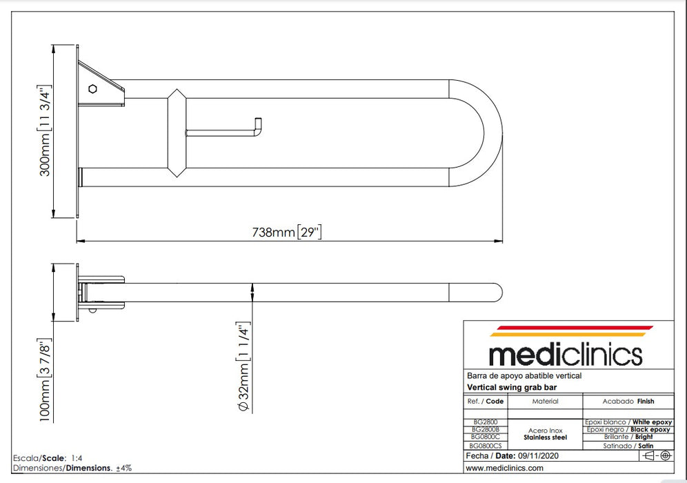 MEDICLINICS BG2800B MEDINOX Barra Abatible Vertical Negra