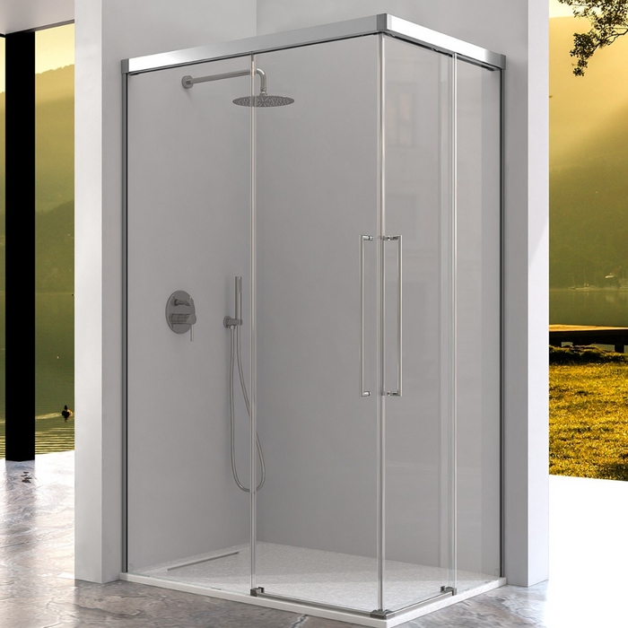 KASSANDRA PAVÍA Mampara Angular de Ducha 2 Fijo +  2 Puertas Correderas Plata Brillo Transparente