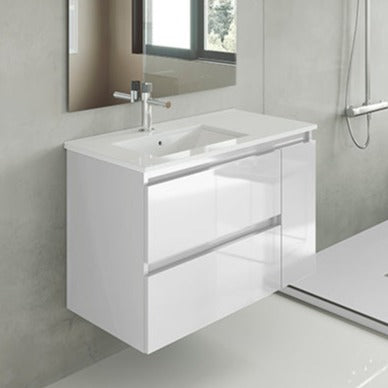 VISOBATH BOX Mueble de Baño con Lavabo Izquierda 2 Cajones 1 Puerta Suspendido Blanco Nieve Brillo