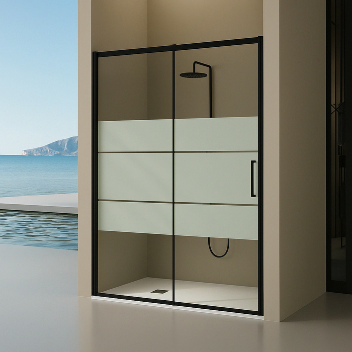 KASSANDRA DE102 DELTA Mampara Ducha 1F+1C Negro Mate Vidrio Decorado