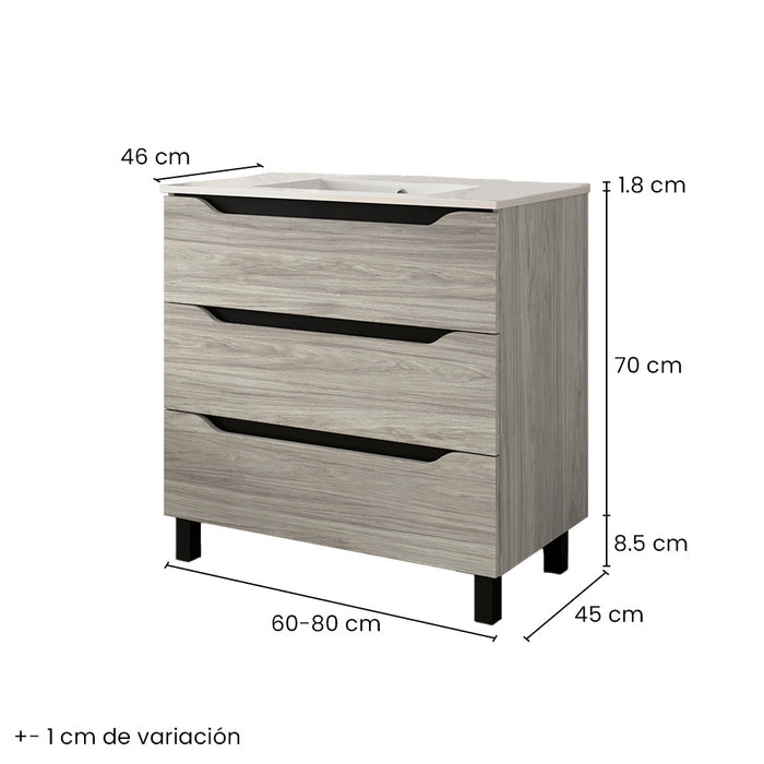 BATHME TRIO Mueble de Baño con Lavabo 3 Cajones Color Roble Estela