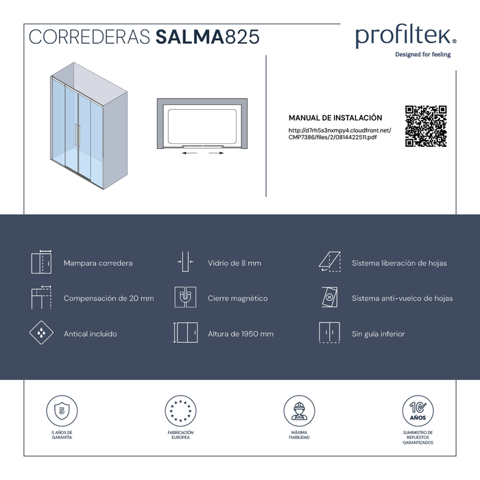 PROFILTEK SA-825 SALMA PLUS Mampara Corredera Frontal 2F+2C Negro Mate Transparente 8MM