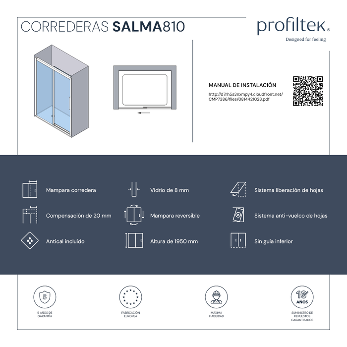 PROFILTEK SA-810 SALMA PLUS Mampara Corredera Frontal 1F+1C Plata Alto Brillo Transparente 8 MM