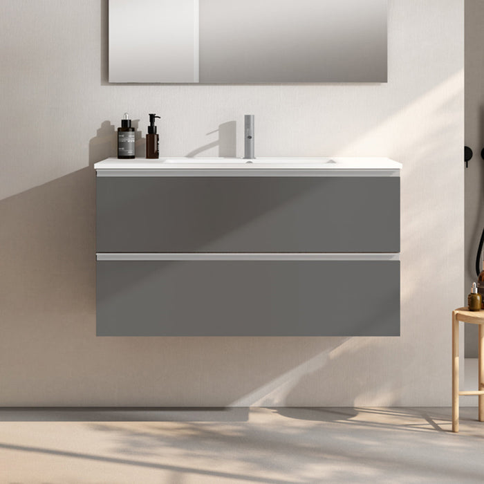 VISOBATH GRANADA Mueble de Baño con Lavabo Suspendido 2 Cajones Color Gris Ceniza Tirador Aluminio
