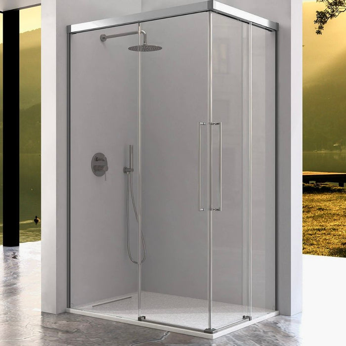 KASSANDRA URBAN Mampara Angular de Ducha 2 Fijos + 2 Hojas Correderas Plata Mate Cepillado Transparente