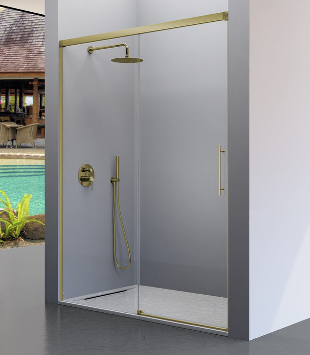 KASSANDRA URBAN Mampara Frente de Ducha Fijos + Puerta Corredera Oro Cepillado Transparente