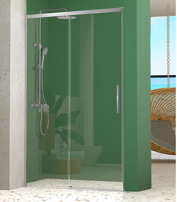 KASSANDRA NICOLETA Mampara Frente de Ducha Fijo + Puerta Corredera 6mm Plata Brillo Transparente