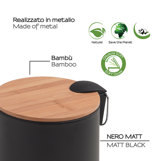 GEDY 14094100000 KENTA Papelera Caída Amortiguada 5 Litros Natural-Negro Mate